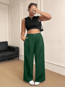 SHEIN LUNE Plus Size Women's Pockets Loose Wide Leg Pants With Embossed Pattern - Dark Green - View 4