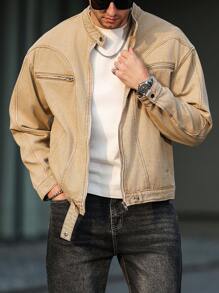 Manfinity LEGND Men's Khaki Denim Jacket With Stand Collar Zipper Details And Wrist-Length Sleeves