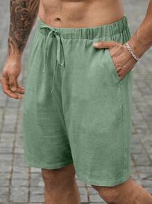 Manfinity RSRT Men's Plus Size Solid Color Drawstring Shorts With Pockets Summer Casual Linen Knee Plain Men Summer Shorts