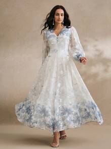 Anewsta 女士 V 领优雅花卉印花长袖连衣裙，春季服装 - 藍色 - 查看 5