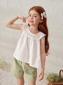 Blossori Young Girls' French Elegant Sleeveless Blouse, Cream White, Spring/Summer - White - View 7