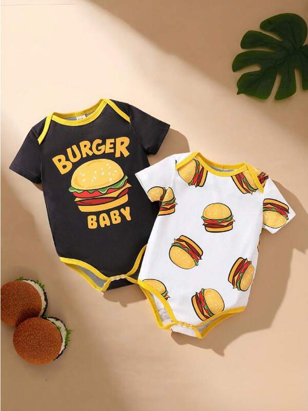 SHEIN 2pcs/Set Baby Boy Cute Food Pattern Hamburger Print Short Sleeve Bodysuit, Spring/Summer