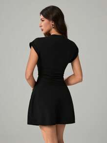 SHEIN Tall Casual Plain Knitted Round Neck Short-Sleeved Side Drawstring Women's Mini Dress, Basic Summer Wear,Business Casual Woman,Summer Dresses For Women - Black - View 2