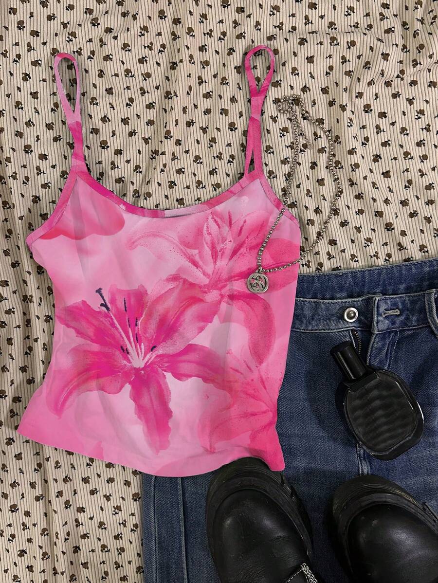 Attitoon Women Casual Sexy Camisole Camisole With Floral Pattern, Suitable For Vacation, Pink