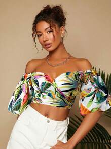 Travachic Áo kiểu ngắn tay phồng hở vai cho nữ, họa tiết nhiệt đới Oasis, thanh lịch cho lễ tốt nghiệp, thường ngày, trang nhã, dự tiệc prom. - màu xanh lá - Xem 3