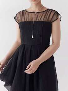 FRIFUL Vestido casual sólido de mujer con parches de malla, vestido de verano para uso diario - Negro - Ver 9