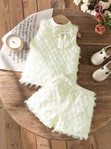 SHEIN Elladie kids Young Girl Fashionable Feather Tassel 2pcs Set, Chic Bowknot Vest + Matching Shorts, Elegant Summer Outfit Summer Holiday - Apricot - View 3