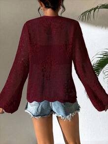 Breezaya Áo len cardigan dài tay đơn sắc khoét lỗ phía trước cho nữ - Màu Đỏ Sâu - Xem 2