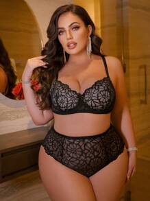 Plus Size Lace Patchwork Lingerie Bra & Panty Set, Wire-Rimmed - Black - View 5