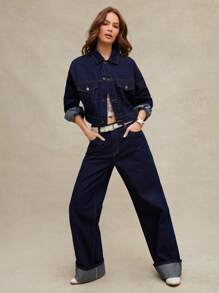 WESTFADE Collared Button Front Boxy Cropped Long Barrel Sleeve Denim Trucker Jacket Summer Country Concert - Dark Wash - View 3