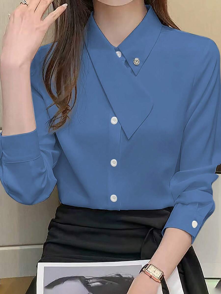 EMERY ROSE 不对称领口百搭优雅女士办公室上衣 - 霧霾藍 - 查看 1