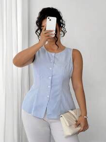 Elenzga Áo vest không tay thanh lịch & tinh tế dành cho nữ, áo sơ mi kẻ sọc xanh ôm vừa vặn cỡ lớn, mùa hè - Màu xanh lam - Xem 5