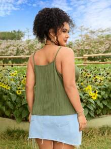 SHEIN EZwear 大码夏季波西米亚风复古绿色皱褶蕾丝宽松吊带背心和背心 - 綠色 - 查看 2