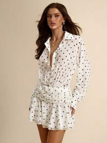SHEIN BAE Solid White Polka Dot Long Sleeve Sheer Chiffon Dress, Vacation Dress, Chiffon Dress, White Graduation Dress, Little White Dress, Spring/Summer,Polka Dot Dress