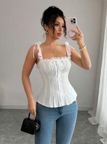 Elenzga 女士夏季假期无袖纯色蕾丝蝴蝶结后背短款上衣 - 白色 - 查看 2