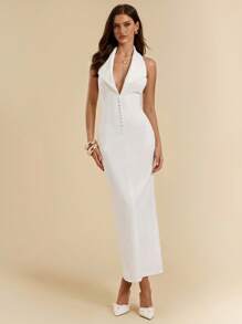 SHEIN BAE Vestido blanco sencillo, de verano, de mujer, con cuello en V, sin mangas y ajustado - Blanco - Ver 1
