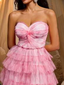 优雅浪漫粉色网眼数码印花 V 领胸部扭纹设计性感开衩连衣裙适合毕业典礼约会单身派对度假正式场合晚礼服、长袍、晚会、婚礼宾客 - 粉色 - 查看 5