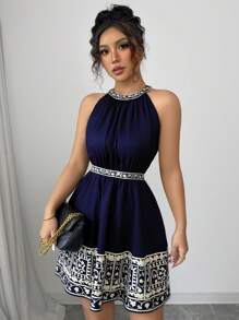 Elenzga Vestido de mujer para el verano con estampado de patchwork, cintura ceñida y cuello de halter - Azul Marino - Ver 5