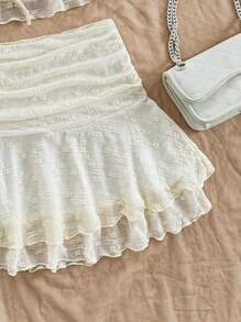 Soleia 2pcs Set: Women's Textured Drawstring Bust & Ruffle Hem Cami Top And Layered Ruffle Mini Skirt, Fitted Slim Silhouette, Vacation, Party, Date, Afternoon Tea, Back To School, Graduation, Beach Outfit Boho - Beige - View 6