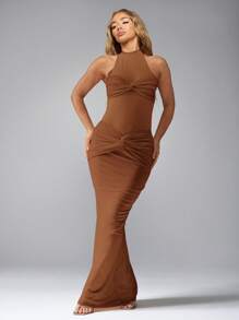 MISSGUIDED Halter Neck Twisted Front Bodycon Maxi Dress Evening Gown Floor Length Form Fitting Party Formal Ruched Sleeveless Special Occasion - Brown - View 3