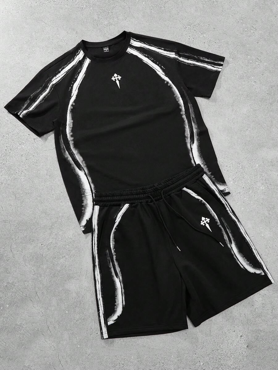 PAVTROS Manfinity Streetrush 2 Stücke Herren-Set aus kurzärmeligem T-Shirt und Shorts mit Rundhalsausschnitt, bedruckte einfarbige Shorts mit elastischem Kordelzug in der Taille für Herren, modisches, bedrucktes Kreuzstreifen-Muster mit Farbverlauf und Kontrast, schwarzes Set aus kurzärmeligem T-Shirt und Shorts, T-Shirt-Set mit einfachem Streifen-Grafik, modisches Set aus T-Shirt und Shorts, Alltags-Freizeitkleidung für alle Jahreszeiten, lässige Kleidung für den Arbeitsweg, Alltags-Freizeitkleidung für den Arbeitsweg, Geschenk für den Freund.