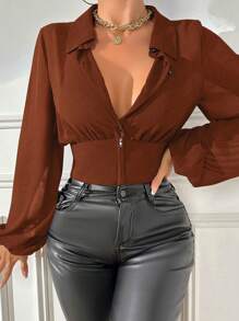 VaVaBold Women's Casual Solid Color Lantern Sleeve Cropped Shirt - Coffee Brown - View 4