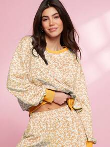 WESTFADE Spring Floral Printed Oversized Crew Neck Long Sleeve 90s Sweatshirt 90s - Orange - View 1