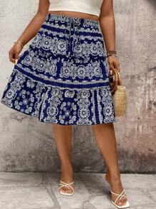 SHEIN LUNE Gonna casual con vita alta a-line, multicolore, con coulisse, multifunzionale, per vacanze, taglie comode