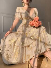 DAZY V-Neck Sequin Embellished Ruffle Trim Long Dress For Women - Blue - View 2