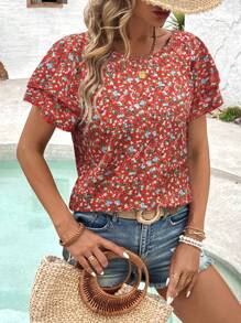 EMERY ROSE Blusa de cuello redondo con volantes y mangas raglán con estampado floral diminuto para vacaciones de mujer