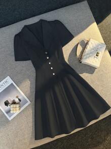 Franclia Women's Solid Color Turndown Collar Bell Hem Mini Dress - Black - View 3