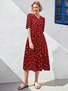 EMERY ROSE 女士 V 领优雅小花短袖中长款夏装