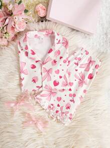 2pcs Girls Set Minimalist Fashion Elegant Sweet Bow Cute Cherry Strawberry Print All Over Pattern Polo Collar Shirt And Shorts Casual Homewear Suit For Tween Girls