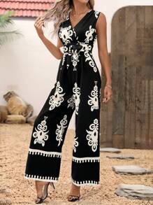 SHEIN Clasi Bộ đồ liền thân in họa tiết cổ chữ V thanh lịch cho nữ, trang phục mùa hè cho ngày lễ mùa xuân dành cho nữ trang phục mùa hè cho nữ trang phục nghỉ mát Bộ đồ liền thân cho nữ Bộ đồ liền thân cho nữ Trang phục mùa hè cho nữ Bộ đồ liền thân cho nữ Trang phục nghỉ mát cho nữ Bãi biển - Đen và trắng - Xem 4