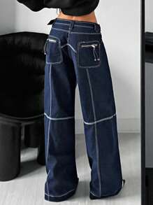 SHEIN ICON Y2k Women's Going Out Low-Rise Cargo Pocket Flared Leg Casual Jeans