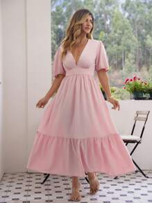 KURAYIA Váy chữ A tay bồng dài thắt eo nhún bèo màu trơn mới cho nữ, cỡ lớn - Hồng - Xem 7