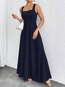 Firerie Women's Solid Color Square Neck Sleeveless Umbrella Hem Elegant Dress,Bohemia,Summer Dresses For Women - Navy Blue - View 4