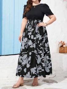 SHEIN Holidaya Plus Size Random Printed Ruffle Hemline Short Sleeve Dress With Round Neck Maxi Women Outfit