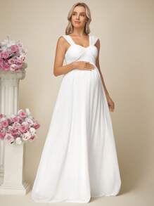 SHEIN Elegant Solid Color Asymmetrical Collar Super Long Maternity Dress, Wedding Dress - White - View 3
