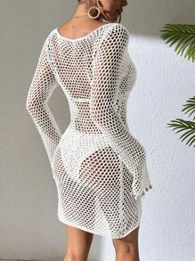 Swim Vcay Women Spring Break Hollow Out Sheer Shell Decor Flare Sleeve Boat Neck Knit Beach Cover Up Dress, Suitable For Spring & Summer Holiday