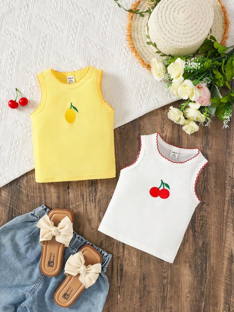 2pcs Baby Girls Cute Lemon & Cherry Embroidery Vest Top Sets, Casual For Spring/Summer Daily Wear, Outings, Home Leisure Or Photo Shooting - Multicolor - View 1