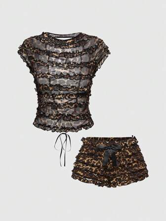 Conjunto de 2 piezas con shorts mini con volantes de estampado de leopardo y espalda de malla, estilo Y2K para mujeres