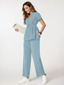 TaskEZ Solid Color V-Neck Scrub Top And Pants Scrub Uniform Set Women Tops Summer Scrub Sets For Women Nurse Scrub Sets Women Scrubs Scrub Sets Professional Clothes Women Sets - Blue - View 5