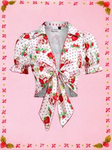 Strawberry Shortcake X SHEIN 女士夏季白色可爱甜美波尔卡圆点和草莓印花前结蝴蝶结短款衬衫度假 Y2K 狂欢音乐会女士春季茶会衬衫