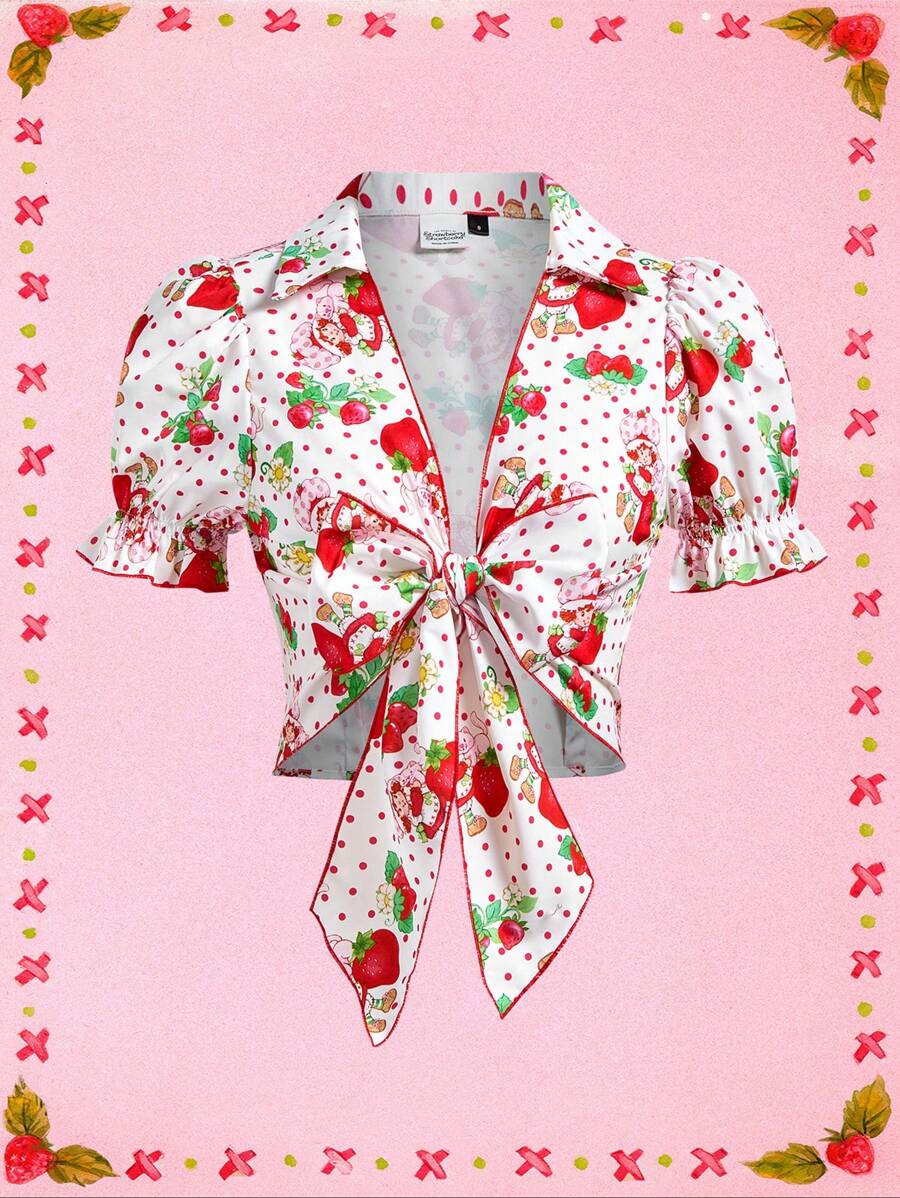 Strawberry Shortcake X SHEIN 女士夏季白色可爱甜美波尔卡圆点和草莓印花前结蝴蝶结短款衬衫度假 Y2K 狂欢音乐会女士春季茶会衬衫