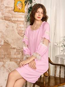 Côtesoire Camisón holgado y largo de mujer con elegante encaje francés - Rosa - Ver 4