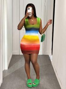 Slaydiva Vestido de verano de ocio y vacaciones 2025 para uso diario y playa, con cuello en U, sin mangas, mangas con volantes, estampado de degradado de arcoíris, falda mini, falda de cadera, vestido de suéter para mujer - Multicolor - Ver 4