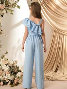 SHEIN Tween Girls Elegant Ruffle Trim Beaded Slip-On Jumpsuit With Belt, Summer - Baby Blue - View 2
