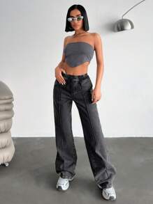 EURMUSE Relaxed Fit Straight Leg Distressed Wash Elastic Waist Jeans - Black - View 4