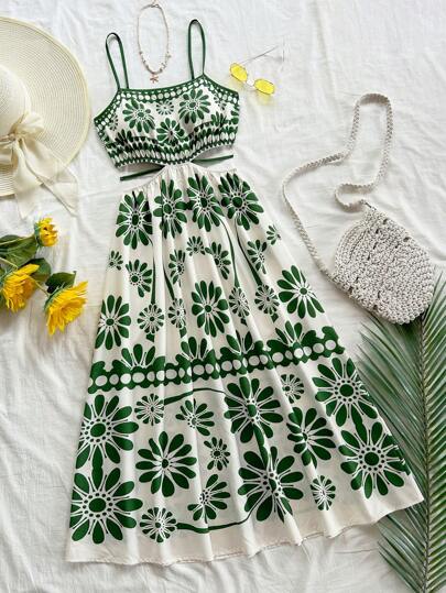 Soleia Vestido Midi com Estampa Retrô Floral Tropical Verde, Sem Mangas, com Recortes Laterais e Amarração na Cintura, Estilo de Férias